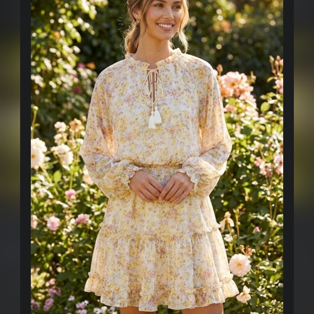 Karlie‎ Chiffon Floral Mini Dress Medium Yellow Tassles Ruffled Skirt